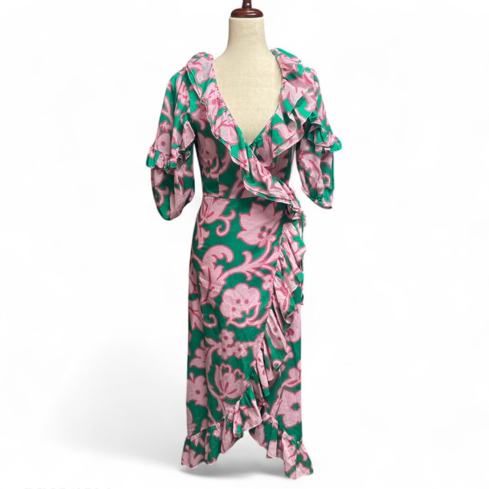 Rhode‎ Womens Lydia Take It Easy Pink Green Floral Print Midi Wrap Dress Size XS - Picture 2 of 11
